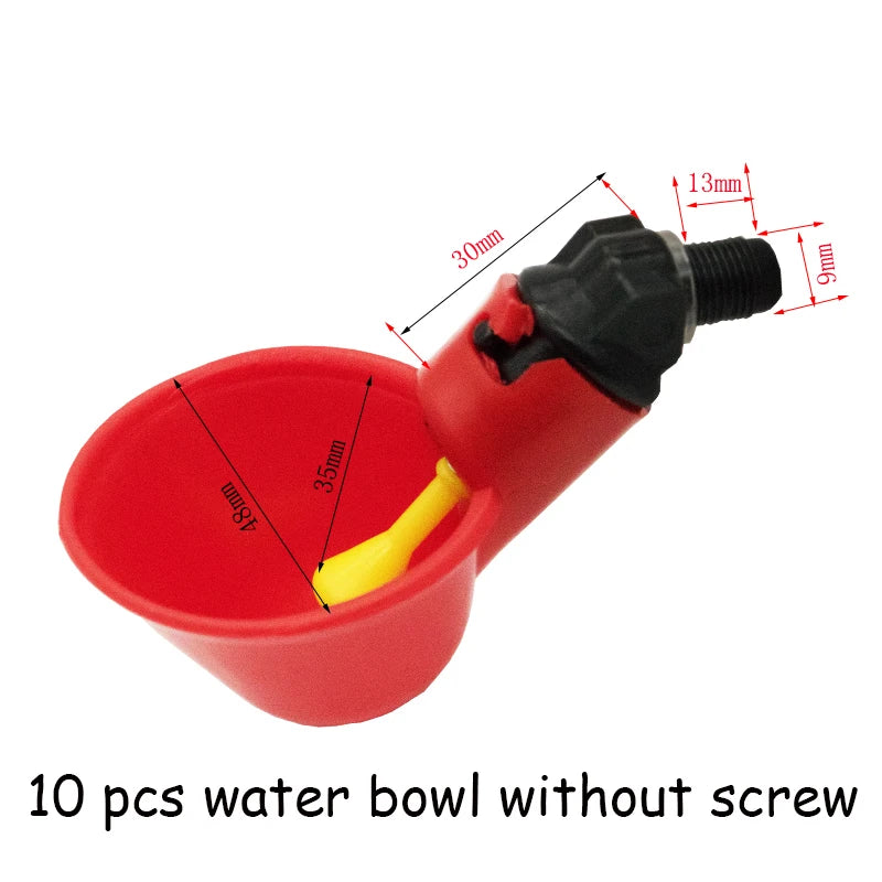 Automatic chicken water cup system installed along PVC pipe with measurements and text indicating '10 pcs water bowl without screw'.