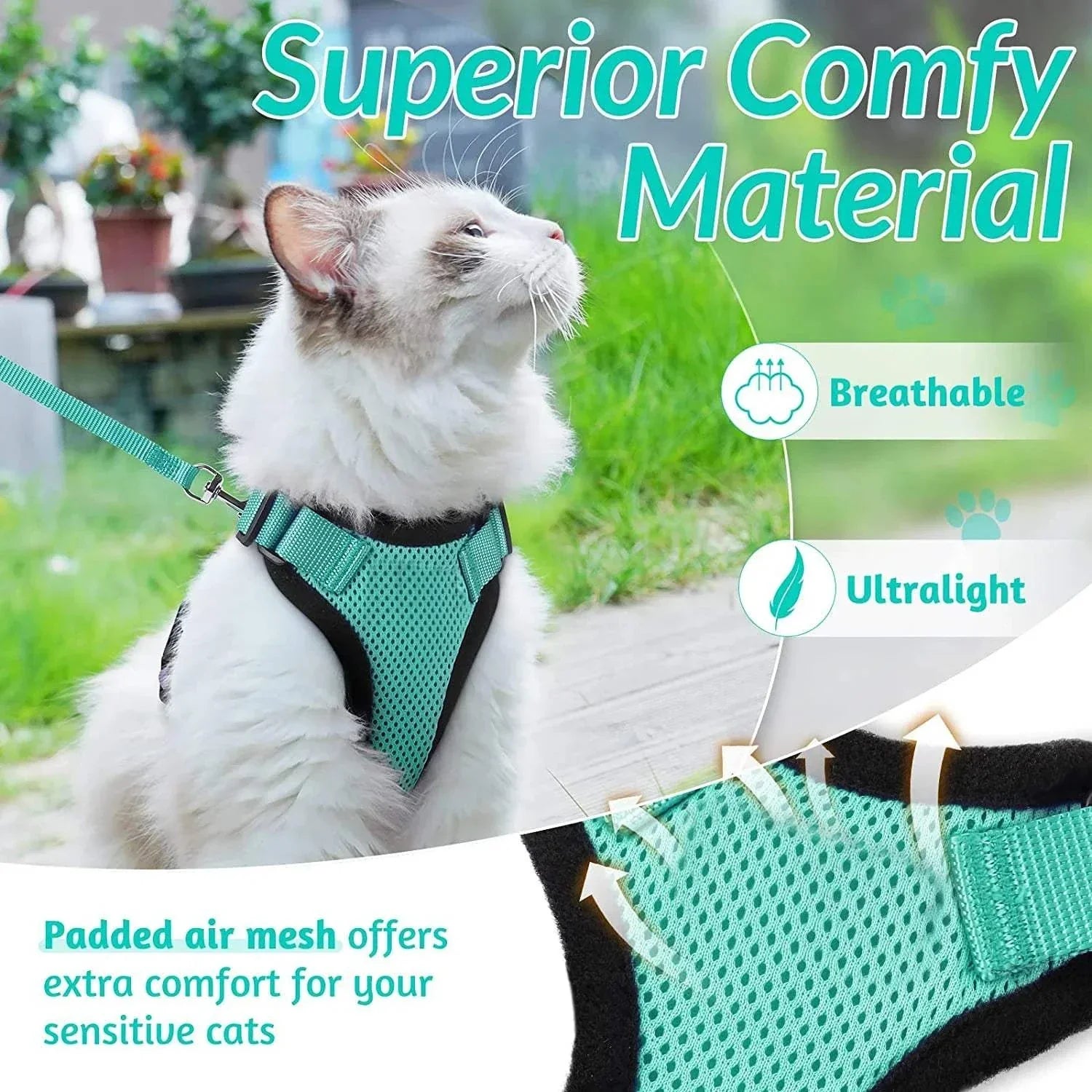 Adjustable and soft vest harness for cats.