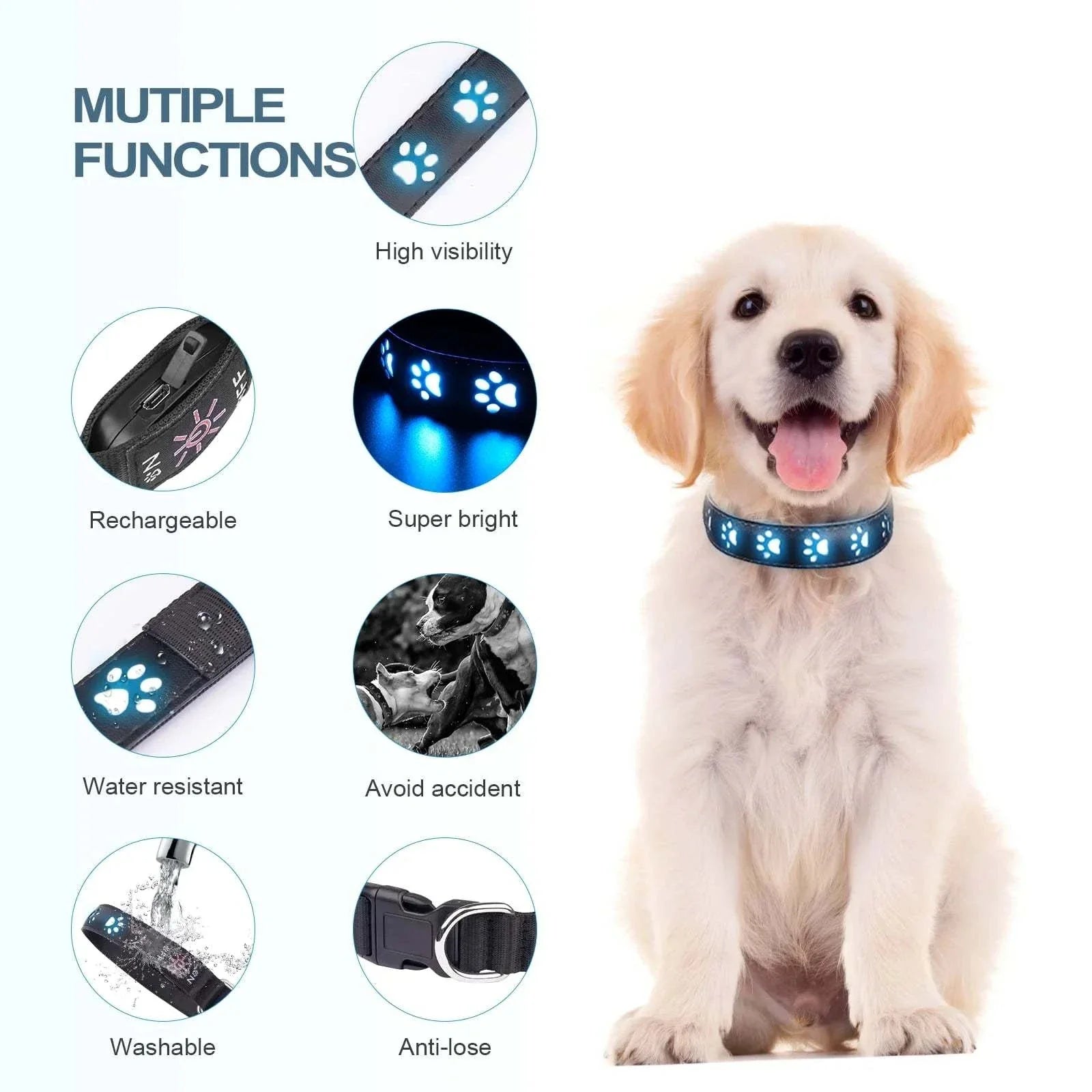 7 Modes LED Dog Collar - USB Rechargeable Waterproof Light-Up Collar For Night Safety- Bright Colorful Pet Accessories