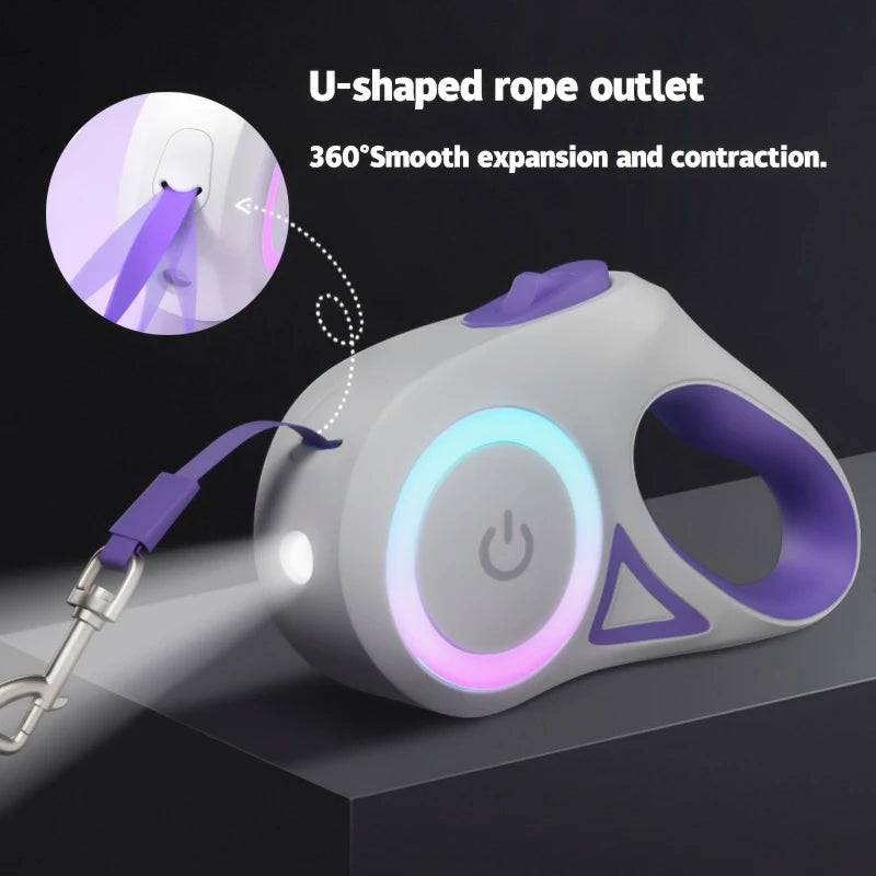 Pet leash trainer with U-shaped rope outlet and 360-degree smooth expansion and contraction feature.
