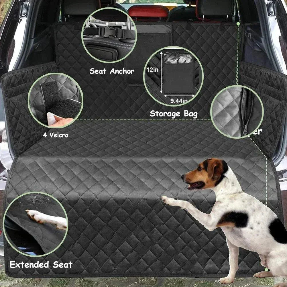 Waterproof car seat cover for pets with hammock design and non-slip backing in black, featuring a dog on an extended seat.