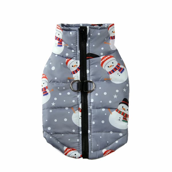 Padded dog coat with snowman pattern on a gray background