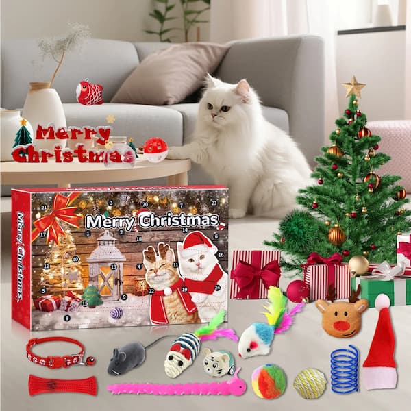 A festive cat Christmas advent calendar gift box featuring 24 colorful toys and surprises for cats, including plush mice, balls, and Christmas decorations.