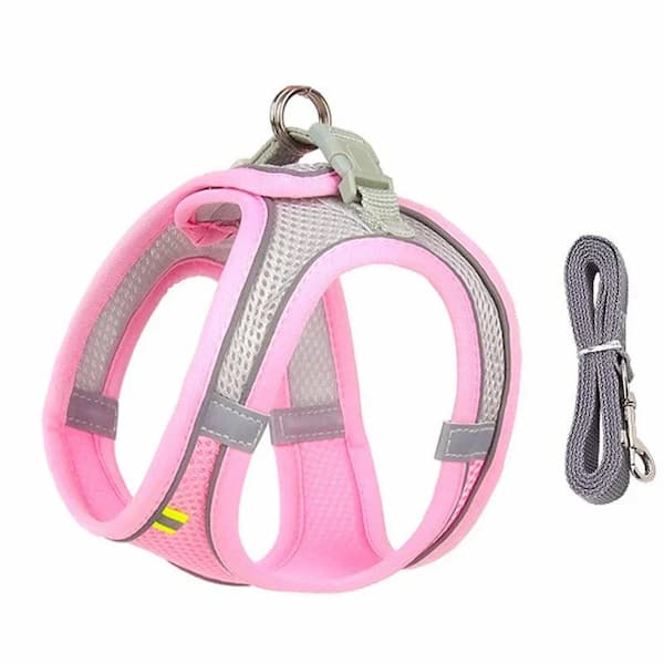 Pink and gray dog harness with matching leash on a white background