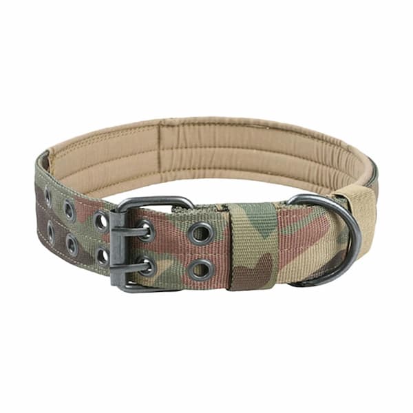 Camouflage heavy duty tactical dog collar with metal buckle on a white background