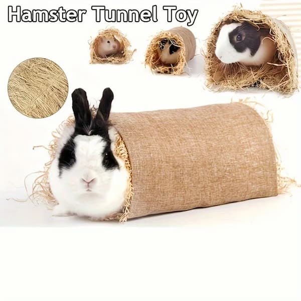 Hamster tunnel toy with a rabbit peeking out, surrounded by small animals and straw.