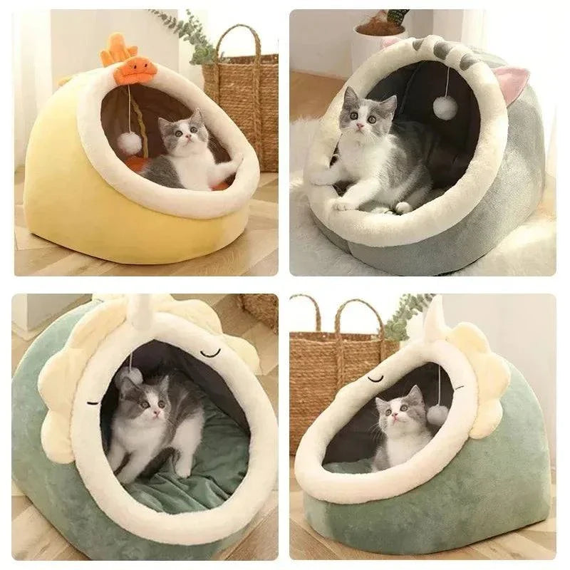 Round cat bed house with a cozy cave design, soft cushion, and tent structure, suitable for cats, kittens, and small dogs.