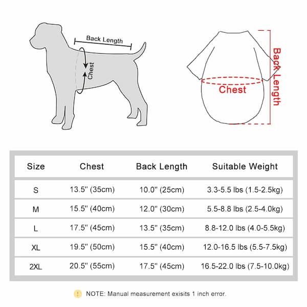 Dog coat size chart with measurements and suitable weight range for different sizes.