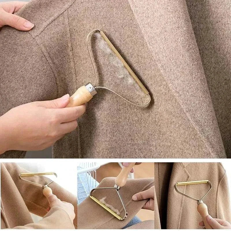 Portable lint remover scraping pet hair from a wool coat, reusable manual cleaning tool for carpets, clothes, and upholstery.