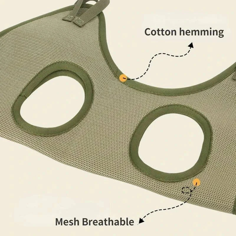 Breathable cat grooming hammock with cotton hemming and reinforced loops for stress-free grooming.