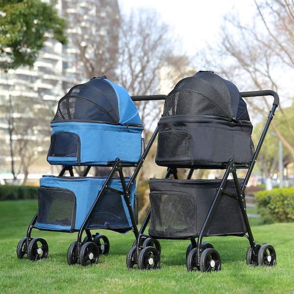 Foldable 4-wheel dog and cat stroller with storage basket