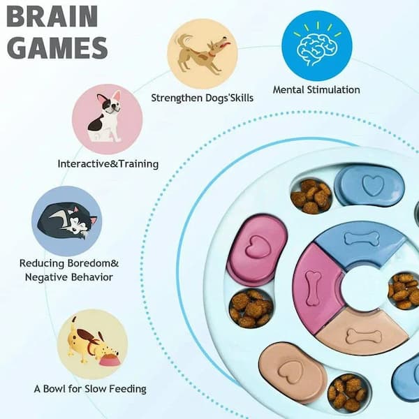 Diagram of a dog puzzle toy with text on brain games for dogs
