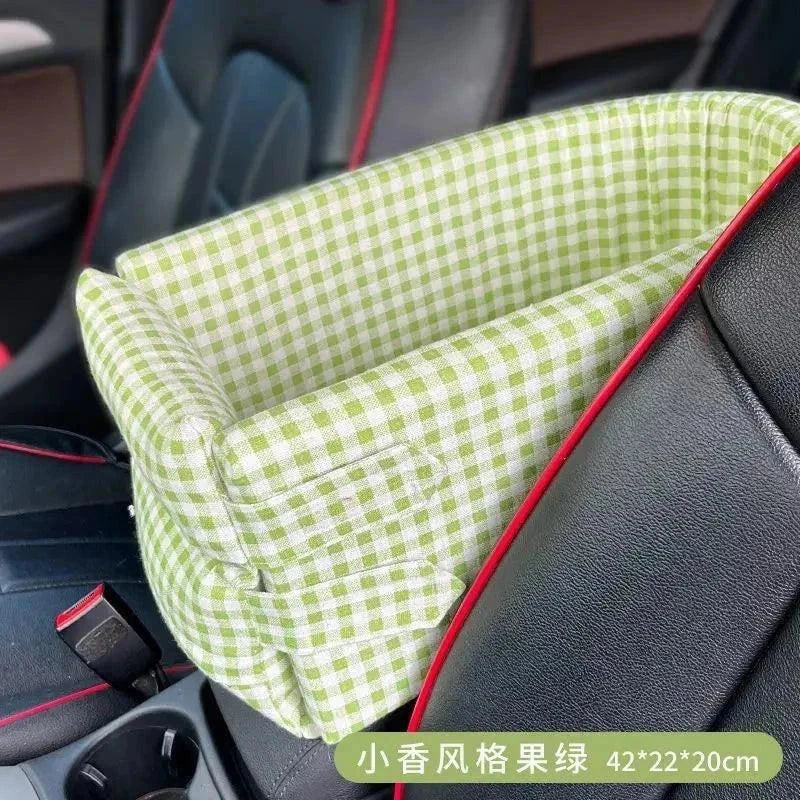 Portable dog car seat bed for small pets, green checkered design, installed on car seat.