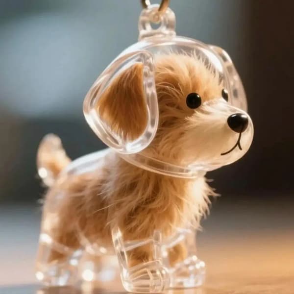 Dog-shaped keychain with clear plastic ears on a blurred background