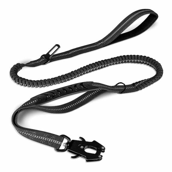 Black Reflective tactical bungee dog leash with locking carabiner shock absorbing design adjustable length