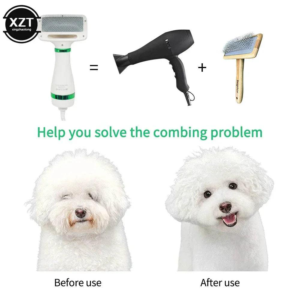 Pet hair dryer and grooming brush for dogs and cats, low noise, adjustable temperature, effective fur drying, before and after use comparison.