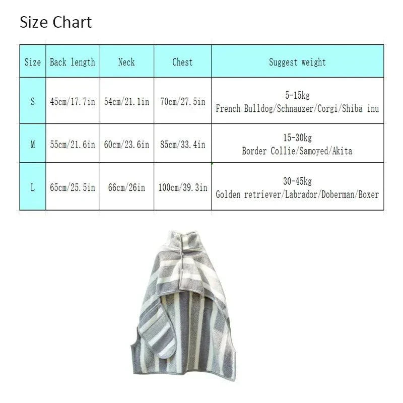 Size chart for absorbent dog bathrobe showing measurements for small, medium, and large sizes with image of striped dog bathrobe below.