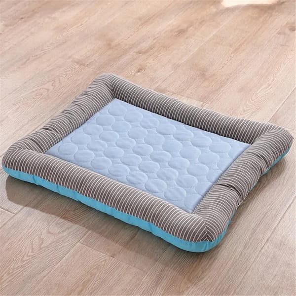Pet cooling bed with blue cushion on a wooden floor