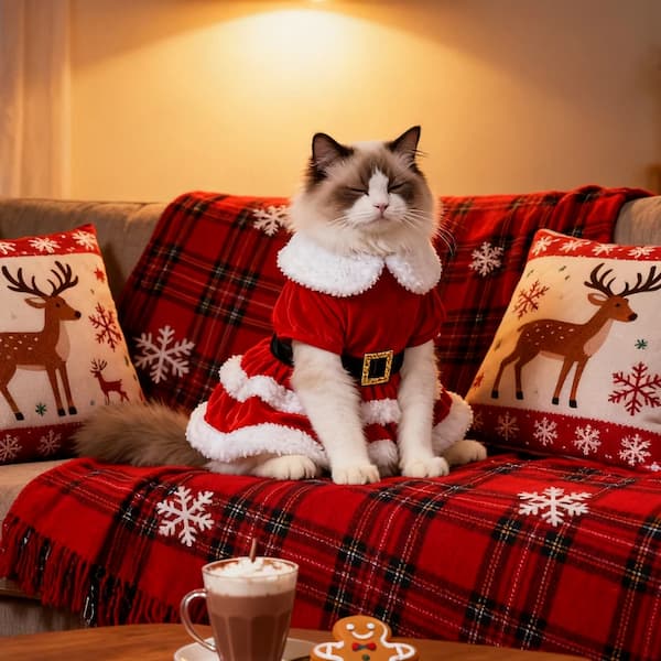 Cat in a Santa outfit sitting on a festive couch with Christmas decorations.