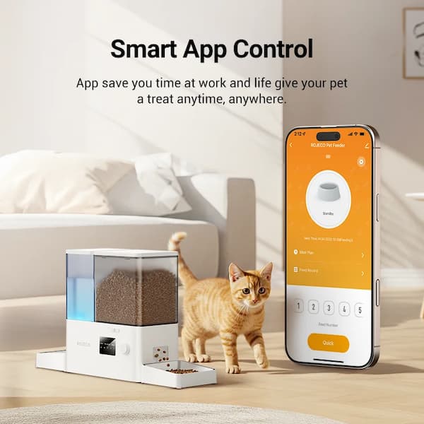 Smart pet feeder with a smartphone app interface and a cat in a living room setting.
