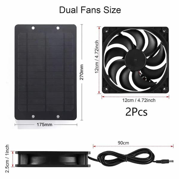 Measurement chart of a dual fan size with dimensions and cable length.