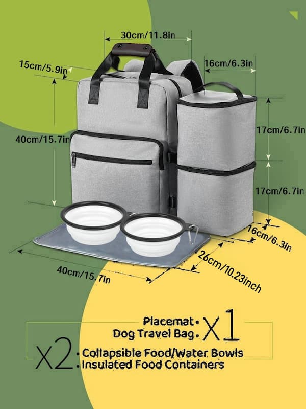 Gray pet travel bag with dimensions, placemat, dog travel bag, collapsible food/water bowls, and insulated food containers on a green and yellow background.