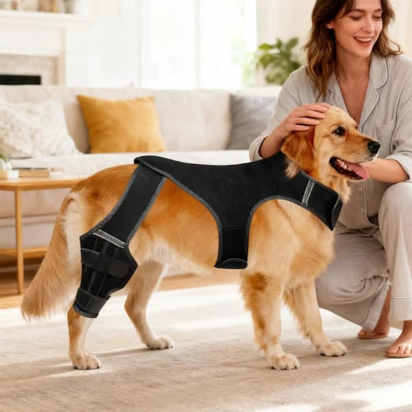 dog wearing rear leg brace support for joint stability and mobility assistance