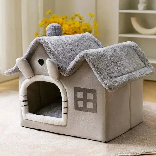 Soft plush pet house bed for cats and small dogs with enclosed design for warmth comfort and security indoors