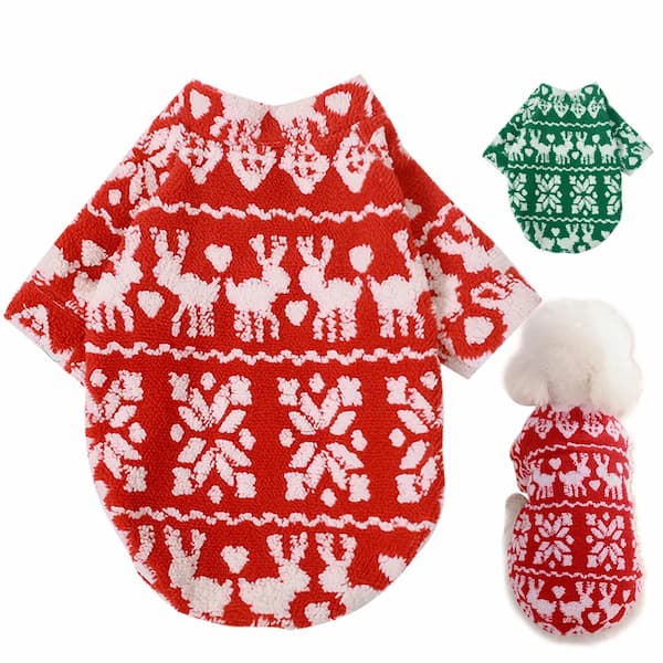 Red and white patterned pet sweater with matching hat and mittens on a white background