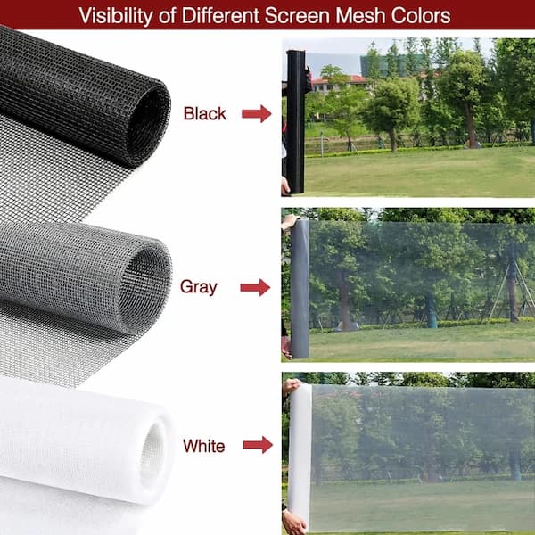 Screen mesh samples in black, gray, and white with outdoor background