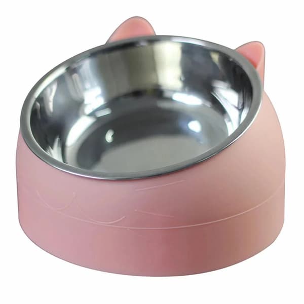 Pink tilted raised stainless steel pet bowl for cats and small dogs nonslip feeder