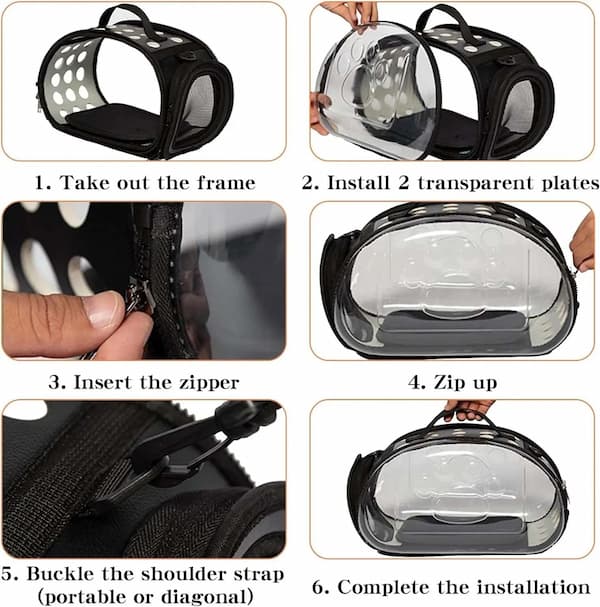 Step-by-step guide on how to assemble a pet carrier with clear panels.