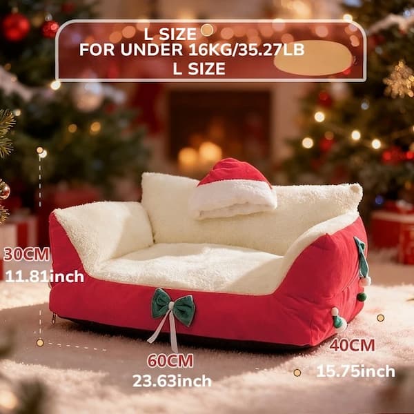Red and white pet bed with a Santa hat and green bow, size chart overlay, Christmas tree and presents in the background