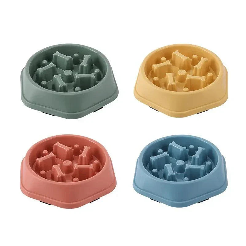 Anti-choking slow feeding bowls for dogs and cats in various colors, designed to promote healthy eating.