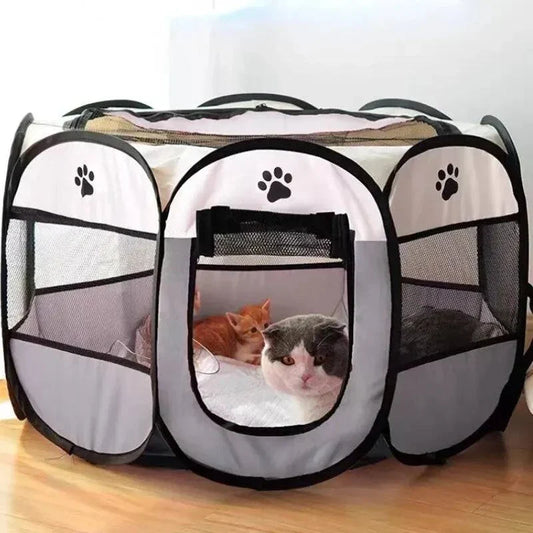 Portable folding pet tent with octagonal design, ideal as a puppy shelter or large outdoor cat fence for travel and home use.