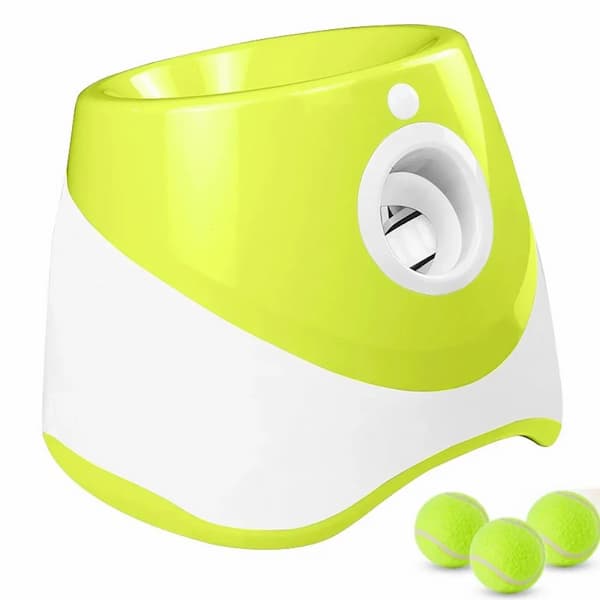Green and white tennis ball launcher with three balls on a white background