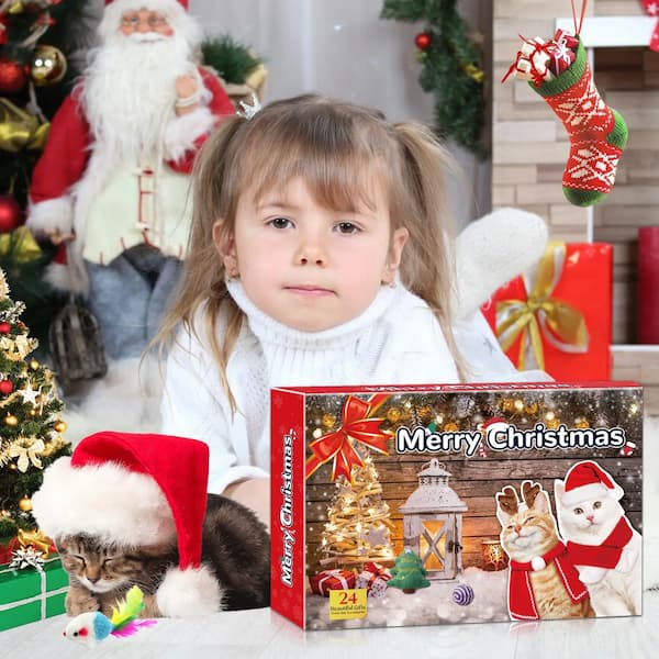 A festive cat Christmas advent calendar gift box featuring 24 colorful toys and surprises for cats, including plush mice, balls, and Christmas decorations.