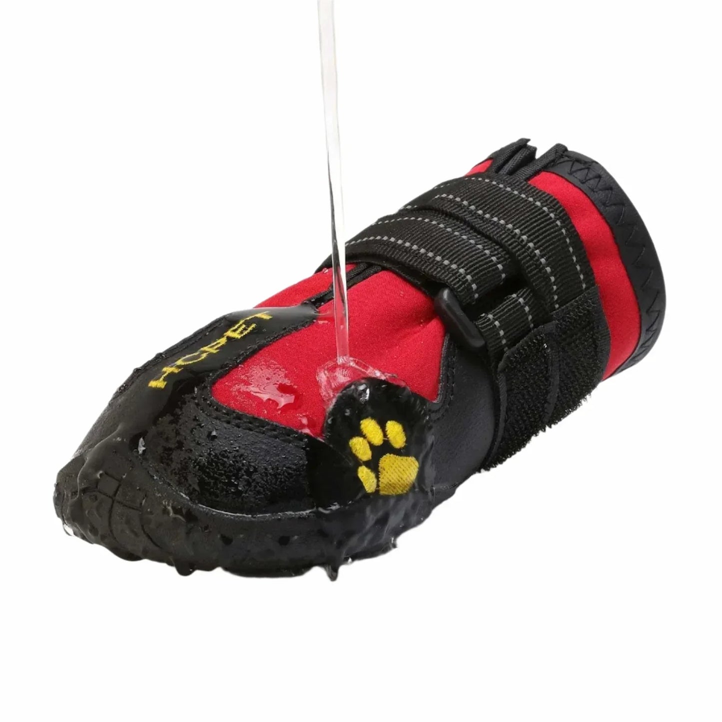 Waterproof reflective pet shoe for medium to large dogs, red and black design.