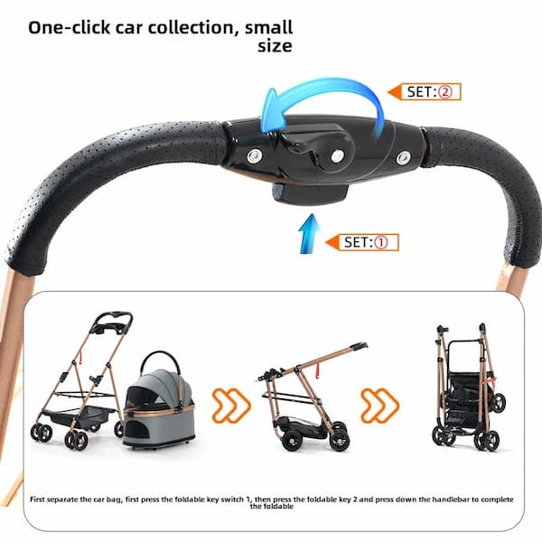 Pet stroller with dimensions and color options on a white background