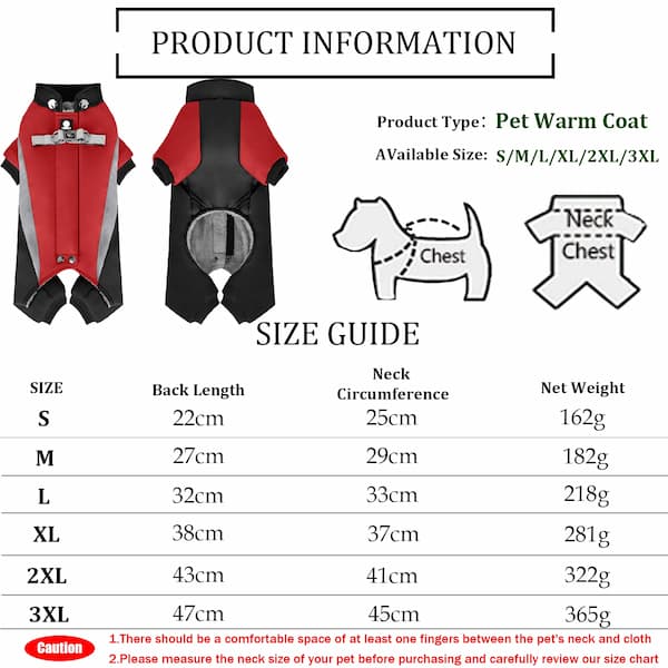 Product information for a pet warm coat with size guide and measurements.