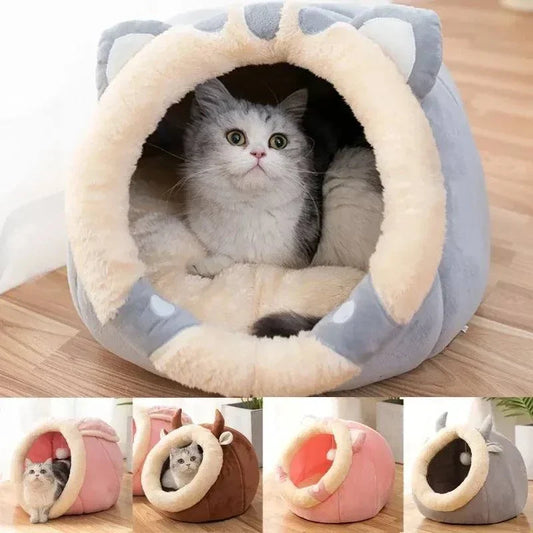 Round cat bed house with a cozy cave design, soft cushion, and tent structure, suitable for cats, kittens, and small dogs.