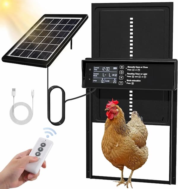 Solar-powered chicken coop with remote control and a rooster illustration.