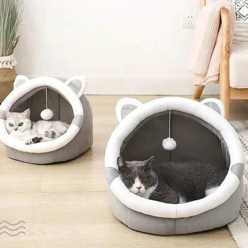 Round cat bed with a tent design, cozy and plush interior, suitable for kittens, cats, and small dogs, perfect for sleeping and lounging.