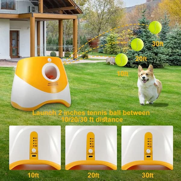 Dog ball launcher with tennis balls on a grassy area, showing distance measurements.
