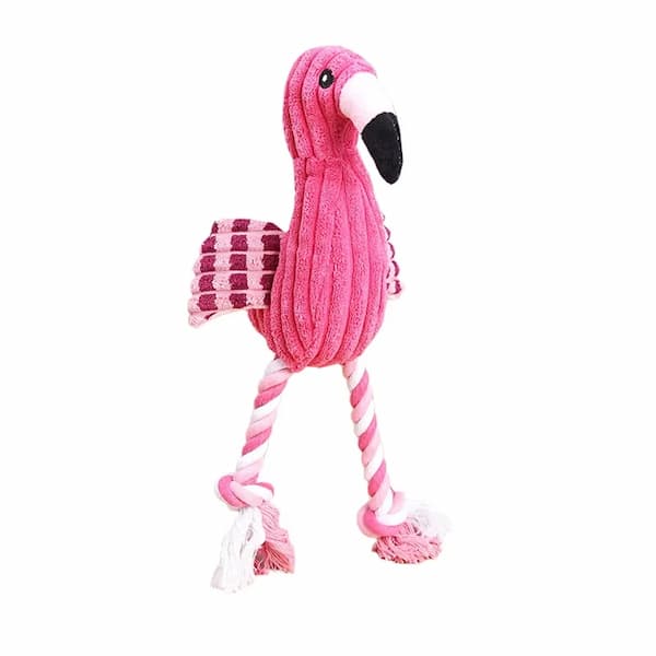 Pink flamingo-shaped toy with a rope on a white background