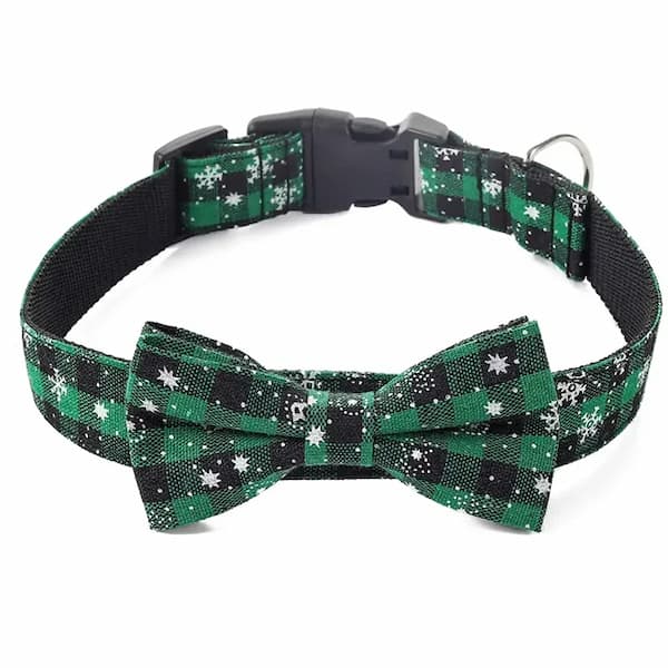 Green and black checkered dog collar with bow tie on a white background