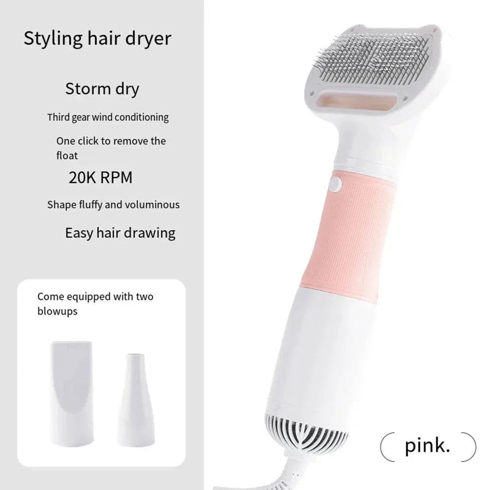 "Pet hair dryer with adjustable heat and airflow settings for fast and safe drying of dogs and cats, available in 110V and 220V options.