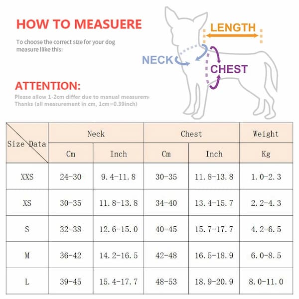 Dog size measurement chart with neck, chest, and weight measurements.