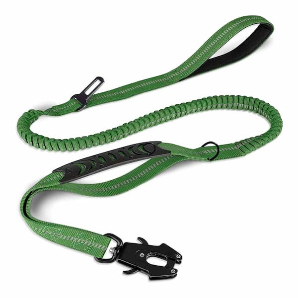 Reflective tactical bungee dog leash with locking carabiner shock absorbing design adjustable length