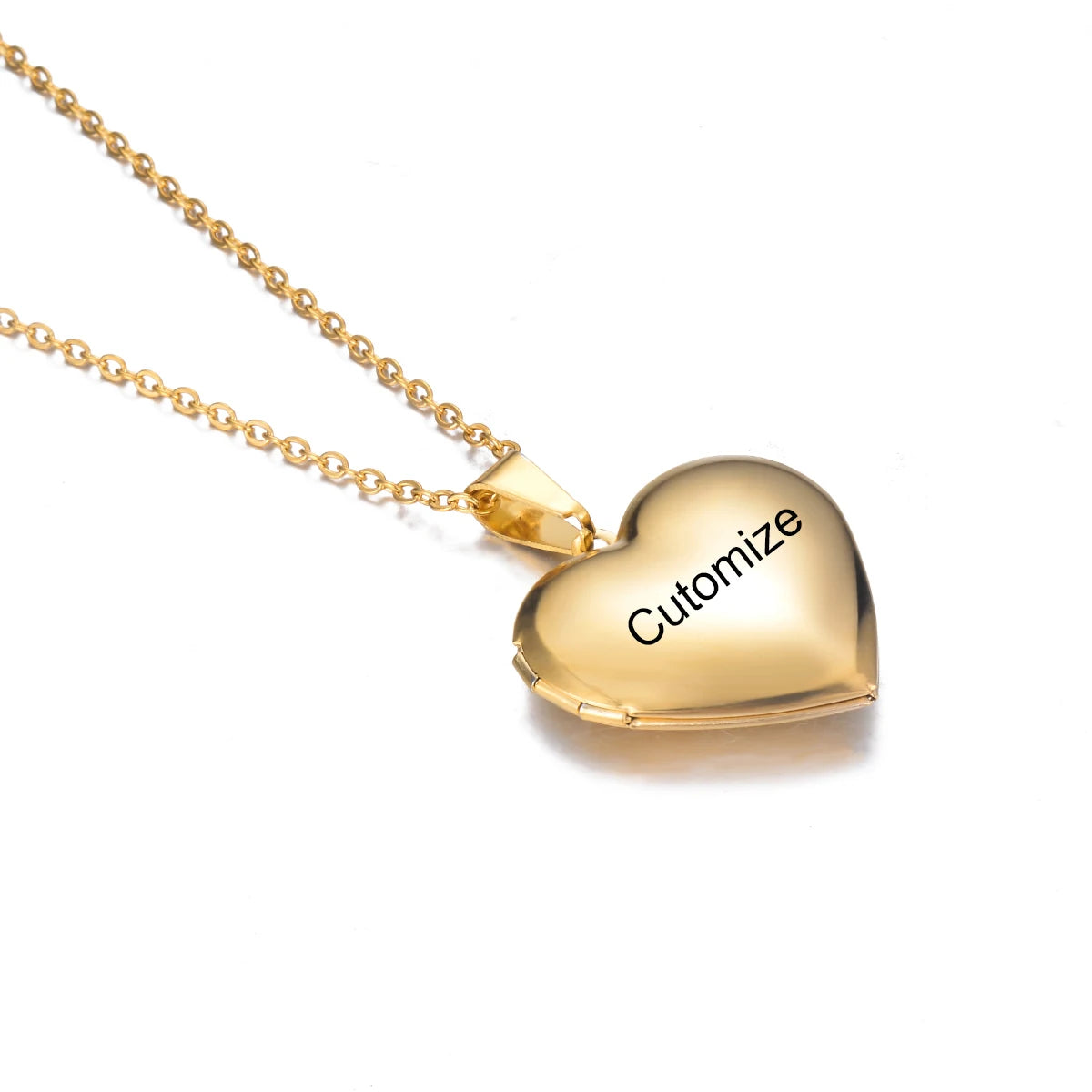 Gold heart-shaped locket with 'Cutomize' engraving on a white background